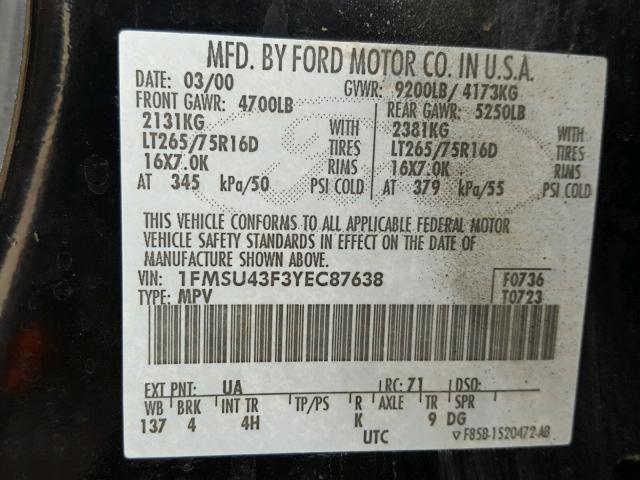 1FMSU43F3YEC87638 - 2000 FORD EXCURSION BLACK photo 10