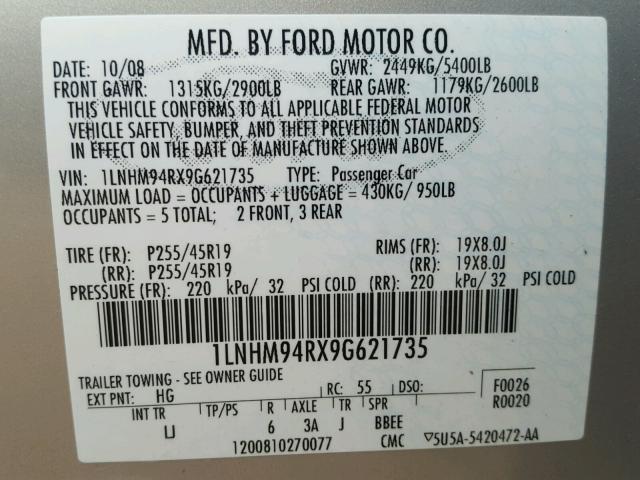 1LNHM94RX9G621735 - 2009 LINCOLN MKS CREAM photo 10