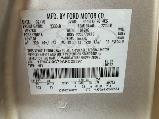 1FMCU0C79AKC25397 - 2010 FORD ESCAPE SILVER photo 10