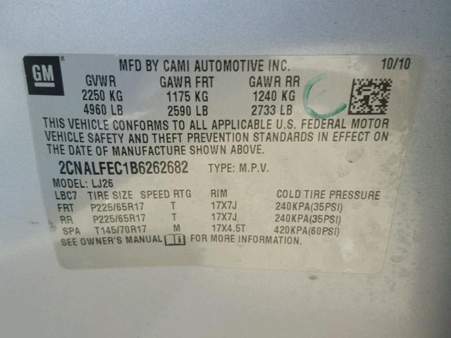 2CNALFEC1B6262682 - 2011 CHEVROLET EQUINOX LT SILVER photo 10