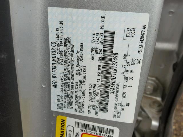 3FA6P0H71ER137498 - 2014 FORD FUSION SE SILVER photo 10