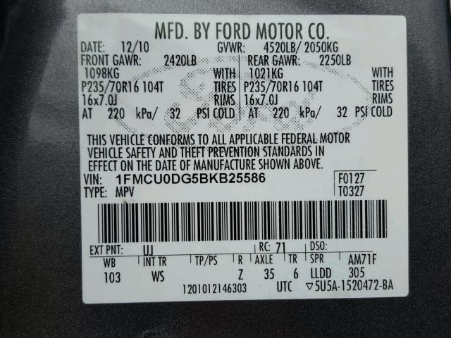 1FMCU0DG5BKB25586 - 2011 FORD ESCAPE XLT CHARCOAL photo 10