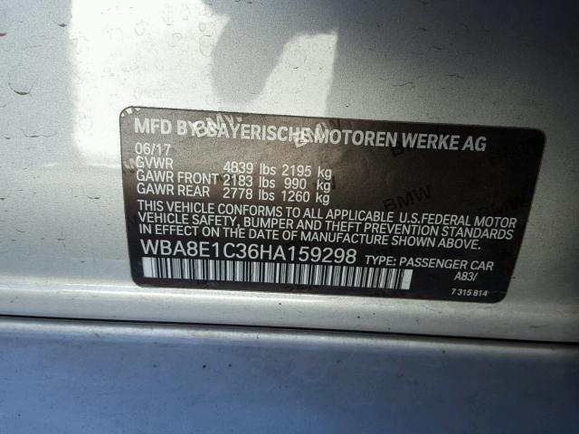 WBA8E1C36HA159298 - 2017 BMW 330E فضي صورة 10