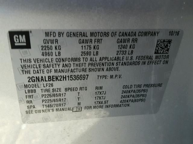 2GNALBEK2H1536697 - 2017 CHEVROLET EQUINOX LS SILVER photo 10