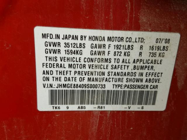 JHMGE88409S000733 - 2009 HONDA FIT SPORT RED photo 10