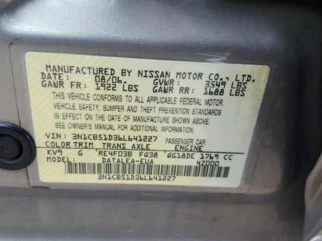 3N1CB51D36L641227 - 2006 NISSAN SENTRA 1.8 GRAY photo 10