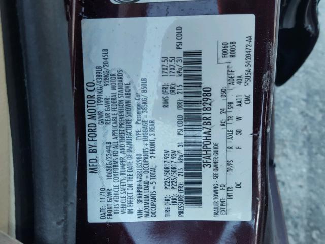 3FAHP0HA7BR182980 - 2011 FORD FUSION MAROON photo 10