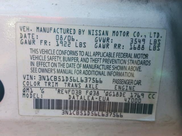 3N1CB51D56L637566 - 2006 NISSAN SENTRA 1.8 WHITE photo 10