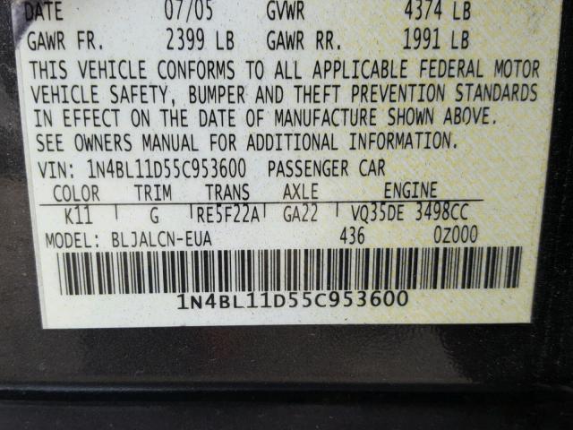 1N4BL11D55C953600 - 2005 NISSAN ALTIMA SE GRAY photo 10