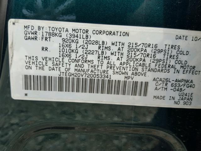 JTEGH20V720053341 - 2002 TOYOTA RAV4 GREEN photo 10