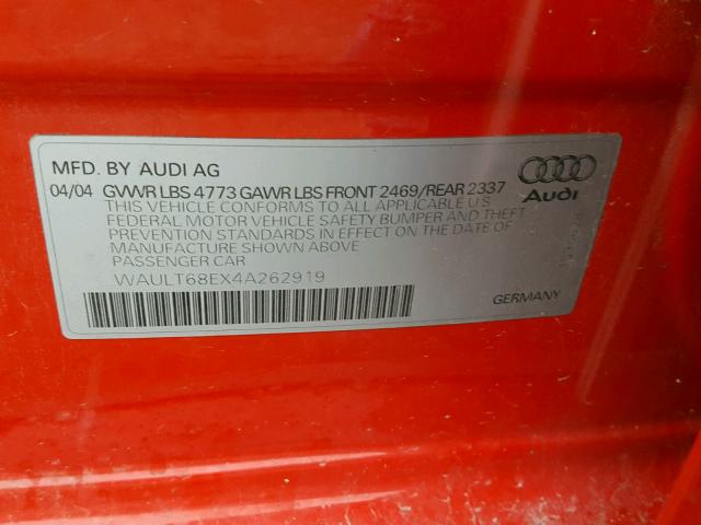 WAULT68EX4A262919 - 2004 AUDI A4 3.0 QUA RED photo 10