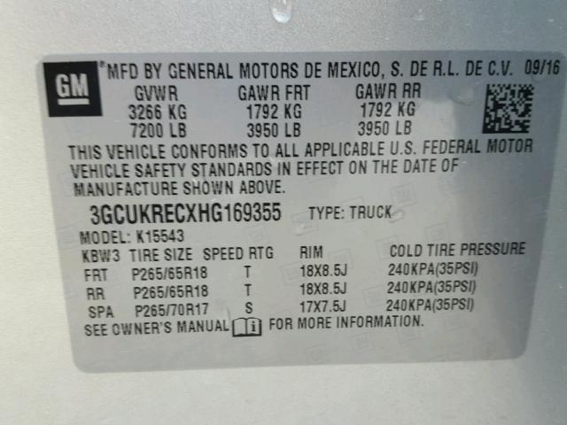 3GCUKRECXHG169355 - 2017 CHEVROLET SILVERADO SILVER photo 10