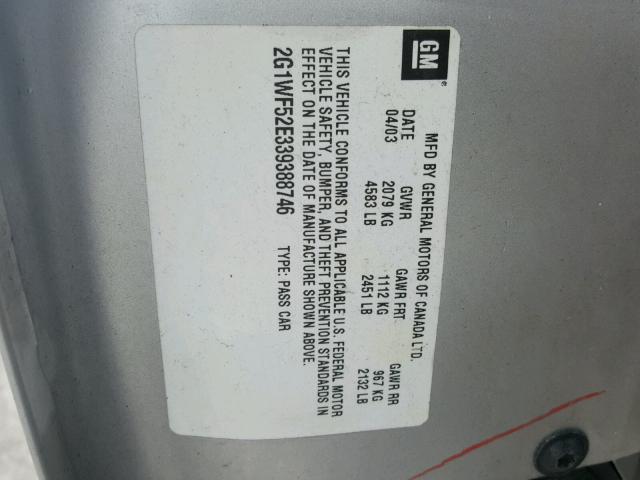 2G1WF52E339388746 - 2003 CHEVROLET IMPALA 银色 照片 10