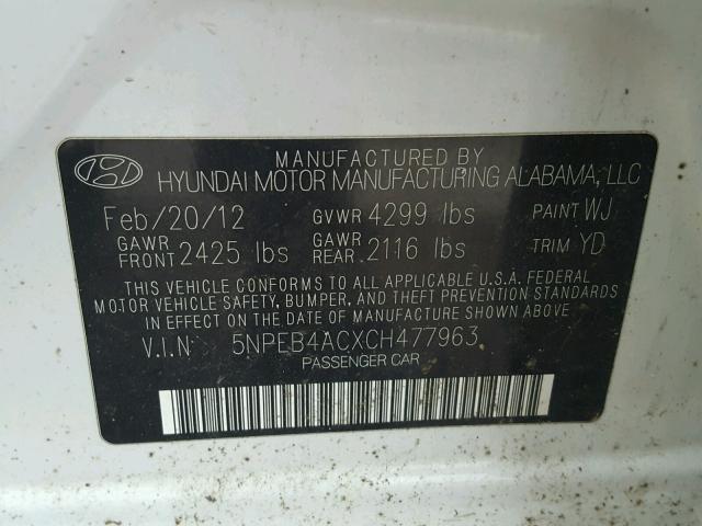 5NPEB4ACXCH477963 - 2013 HYUNDAI SONATA WHITE photo 10