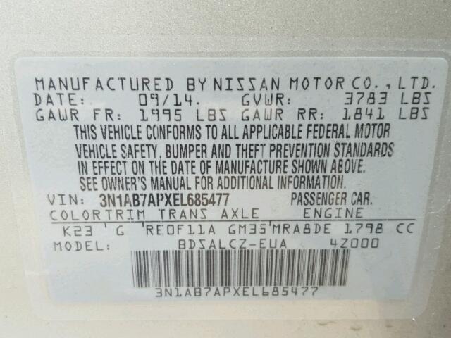 3N1AB7APXEL685477 - 2014 NISSAN SENTRA S SILVER photo 10