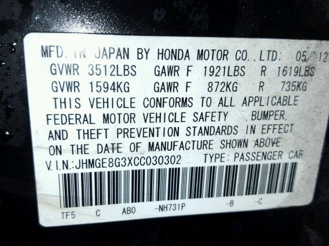 JHMGE8G3XCC030302 - 2012 HONDA FIT BLACK photo 10