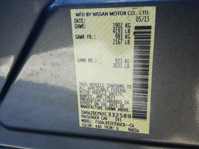 1N4AZ0CPXFC332589 - 2015 NISSAN LEAF S GRAY photo 10