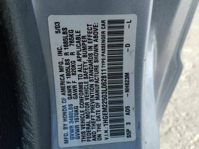 1HGEM22503L062811 - 2003 HONDA CIVIC LX SILVER photo 10