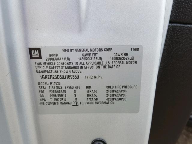 1GKER23D59J169559 - 2009 GMC ACADIA SLT 银色 照片 10