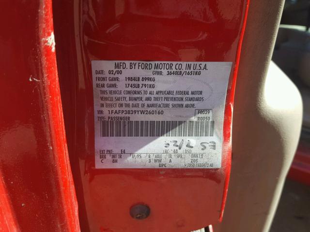 1FAFP3839YW260160 - 2000 FORD FOCUS ZTS RED photo 10