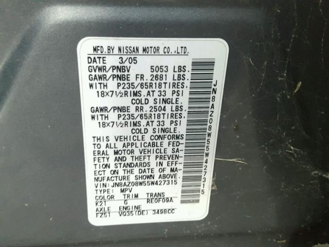 JN8AZ08W55W427315 - 2005 NISSAN MURANO SL CHARCOAL photo 10