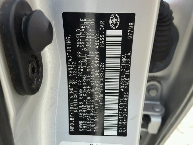 4T1BF1FK0CU637226 - 2012 TOYOTA CAMRY BASE SILVER photo 10