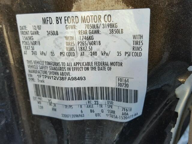 1FTPW12V38FA98493 - 2008 FORD F150 SUPER CHARCOAL photo 10