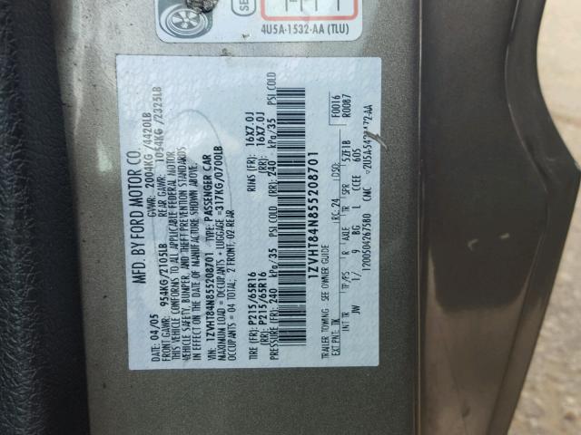 1ZVHT84N855208701 - 2005 FORD MUSTANG GRAY photo 10