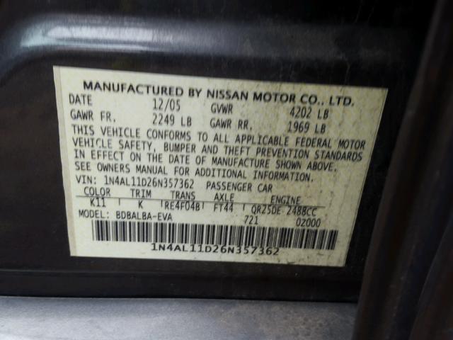 1N4AL11D26N357362 - 2006 NISSAN ALTIMA S GRAY photo 10