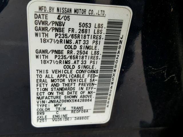 JN8AZ08WX5W428864 - 2005 NISSAN MURANO SL BLUE photo 10