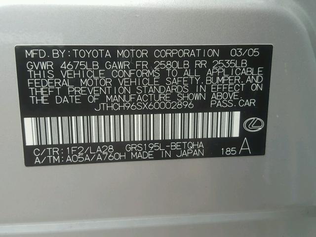 JTHCH96SX60002896 - 2006 LEXUS GS GENERAT SILVER photo 10