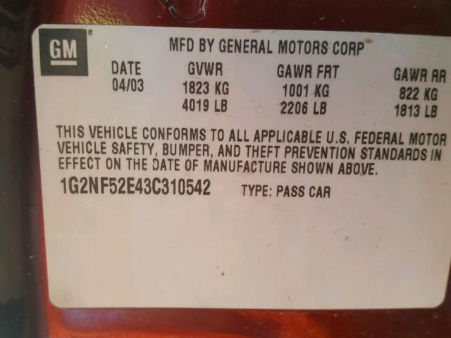 1G2NF52E43C310542 - 2003 PONTIAC GRAND AM S MAROON photo 10