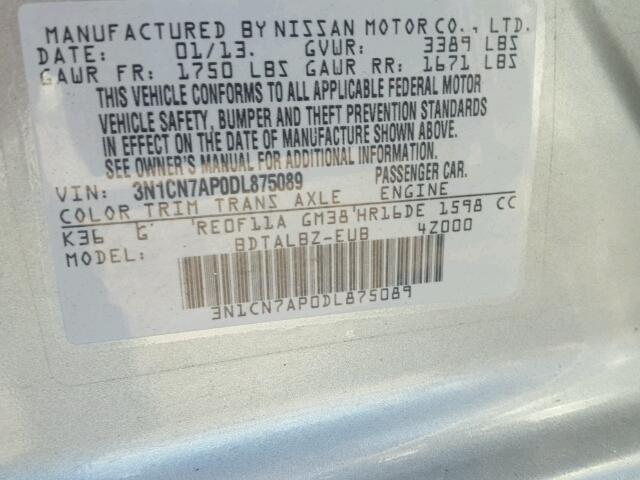 3N1CN7AP0DL875089 - 2013 NISSAN VERSA S SILVER photo 10