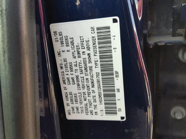 1HGCM56126A081702 - 2006 HONDA ACCORD VAL BLUE photo 10