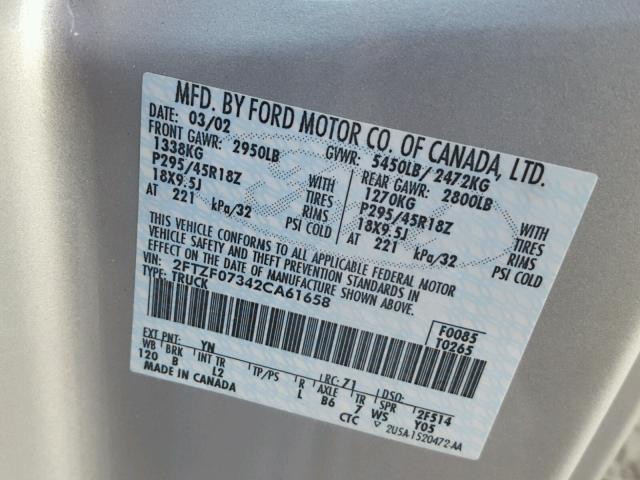 2FTZF07342CA61658 - 2002 FORD F150 SVT L SILVER photo 10