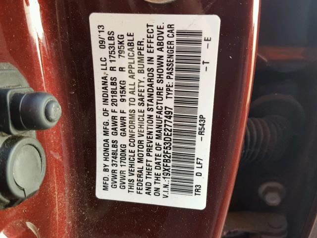 19XFB2F53DE277497 - 2013 HONDA CIVIC LX BURGUNDY photo 10