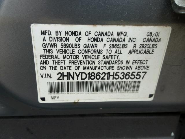 2HNYD18621H536557 - 2001 ACURA MDX TOURIN GRAY photo 10