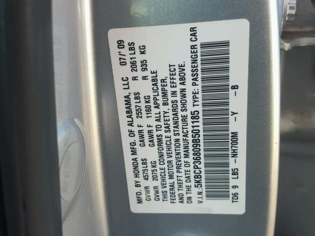 5KBCP36809B501185 - 2009 HONDA ACCORD EXL SILVER photo 10