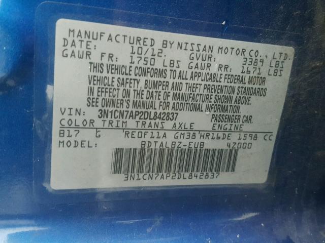 3N1CN7AP2DL842837 - 2013 NISSAN VERSA S BLUE photo 10