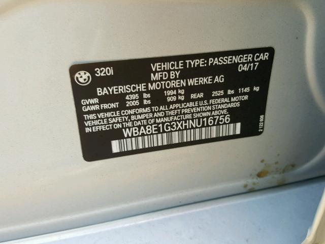 WBA8E1G3XHNU16756 - 2017 BMW 320 I SILVER photo 10