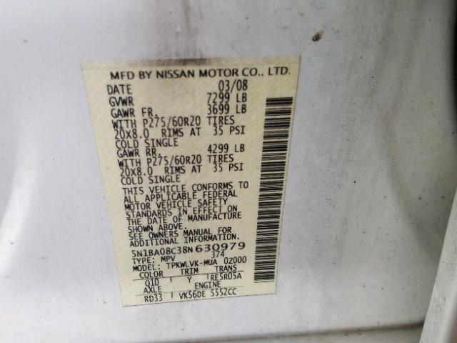 5N1BA08C38N630979 - 2008 NISSAN ARMADA SE WHITE photo 10