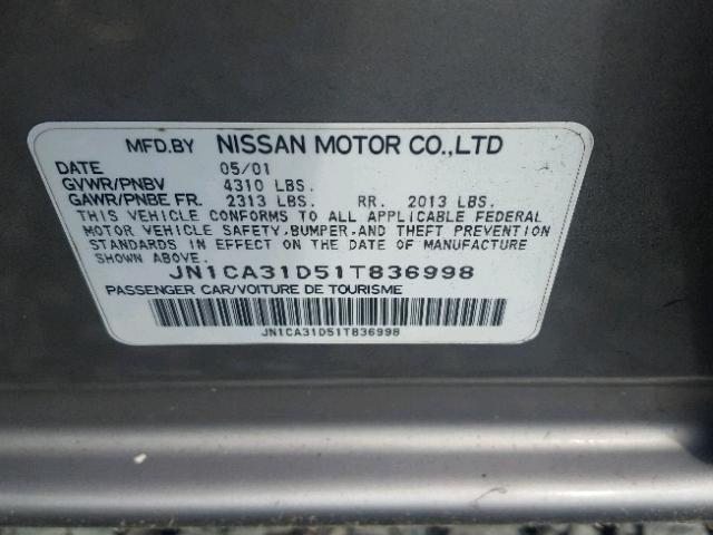 JN1CA31D51T836998 - 2001 NISSAN MAXIMA GXE SILVER photo 10