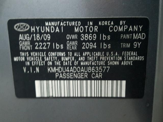 KMHDU4AD0AU863577 - 2010 HYUNDAI ELANTRA BL GRAY photo 10