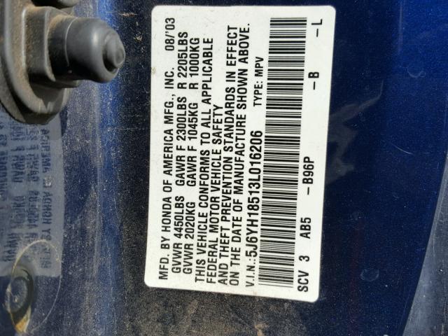 5J6YH18513L016206 - 2003 HONDA ELEMENT EX BLUE photo 10