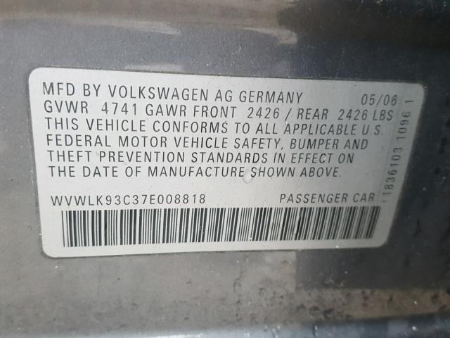 WVWLK93C37E008818 - 2007 VOLKSWAGEN PASSAT 2.0 GRAY photo 10