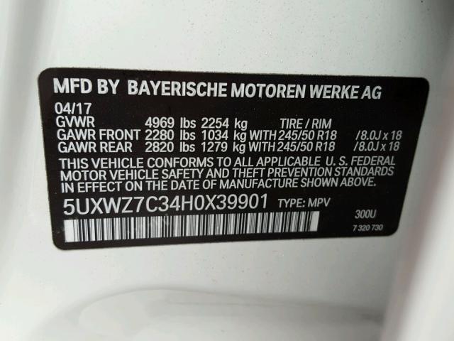 5UXWZ7C34H0X39901 - 2017 BMW X3 SDRIVE2 WHITE photo 10