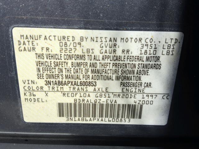 3N1AB6APXAL600853 - 2010 NISSAN SENTRA 2.0 SILVER photo 10