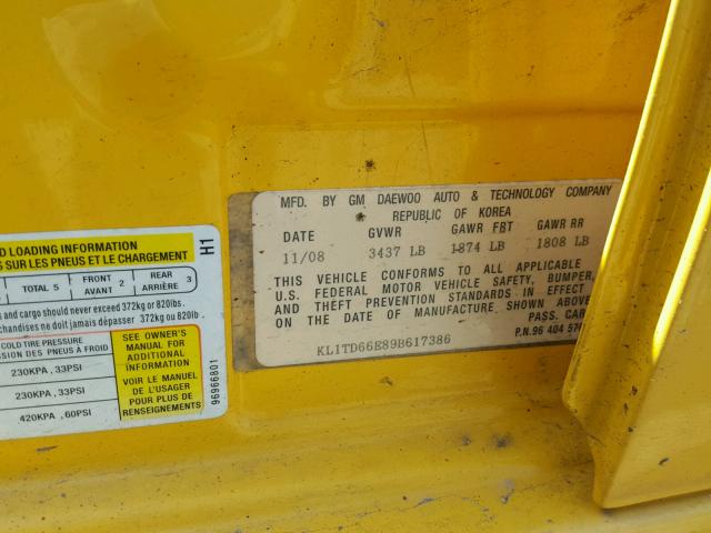 KL1TD66E89B617386 - 2009 CHEVROLET AVEO LS YELLOW photo 10