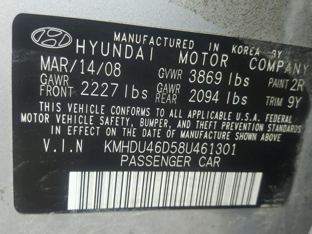 KMHDU46D58U461301 - 2008 HYUNDAI ELANTRA GL SILVER photo 10