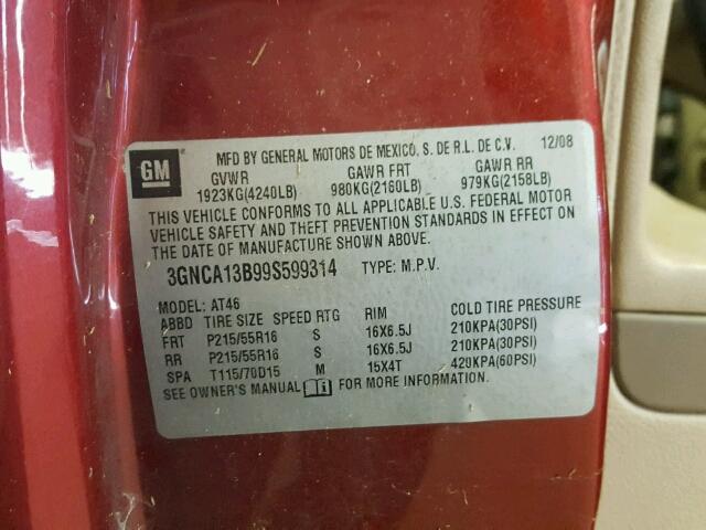 3GNCA13B99S599314 - 2009 CHEVROLET HHR LS RED photo 10
